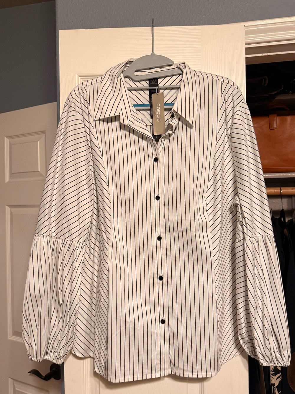 Chico's White Shirt with Black Pinstripes and Balloon Sleeves